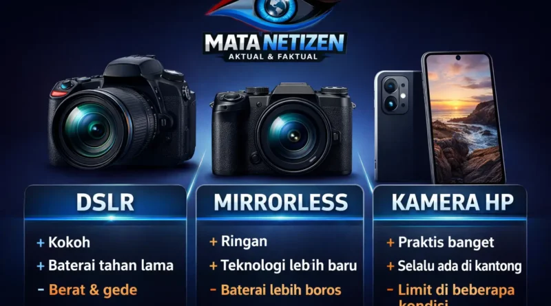 Perbandingan kamera DSLR, mirrorless, dan kamera HP lengkap dengan kelebihan dan kekurangan serta logo Mata Netizen