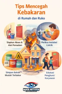 Infografis panduan mencegah kebakaran di rumah dan ruko, mencakup pemeriksaan listrik, alat pemadam, penyimpanan bahan berbahaya, dan edukasi penghuni.