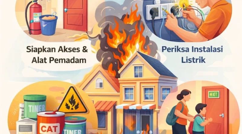 Infografis panduan mencegah kebakaran di rumah dan ruko, mencakup pemeriksaan listrik, alat pemadam, penyimpanan bahan berbahaya, dan edukasi penghuni.
