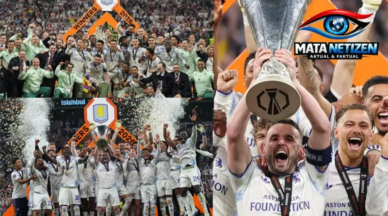 Aston Villa merayakan kemenangan usai menjuarai Liga Europa 2026 setelah mengalahkan Freiburg 3-0 di Istanbul
