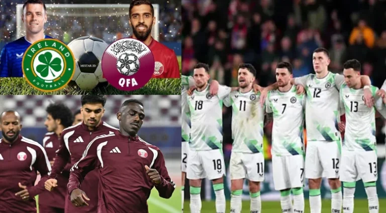 Suporter melempar bola tenis berbalut bendera Palestina saat laga Irlandia vs Qatar di Stadion Aviva Dublin