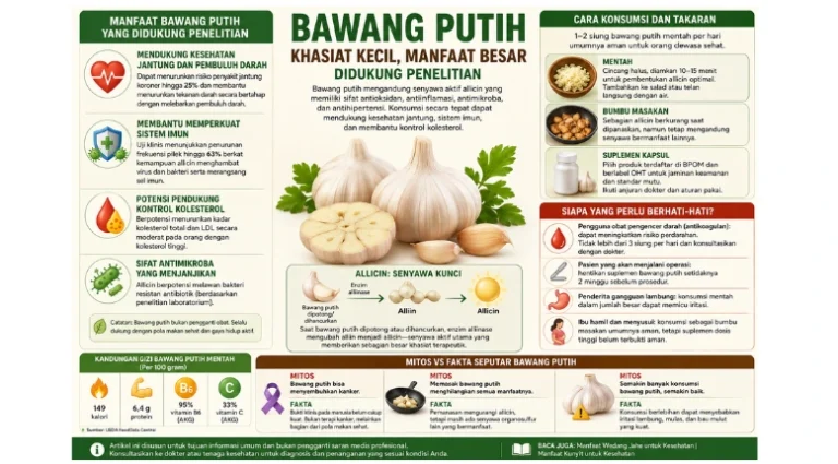 Ilustrasi manfaat bawang putih untuk kesehatan jantung, imun, dan kolesterol berdasarkan penelitian ilmiah