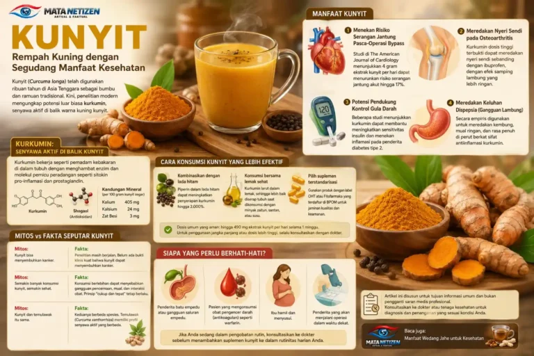 Ilustrasi manfaat kunyit untuk kesehatan jantung, nyeri sendi osteoarthritis, dan gangguan lambung lengkap dengan informasi kurkumin dan cara konsumsi sehat.