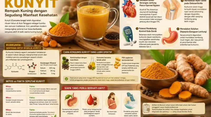Ilustrasi manfaat kunyit untuk kesehatan jantung, nyeri sendi osteoarthritis, dan gangguan lambung lengkap dengan informasi kurkumin dan cara konsumsi sehat.