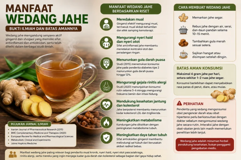 Ilustrasi wedang jahe hangat dengan serai dan gula merah yang memiliki manfaat kesehatan berdasarkan penelitian ilmiah