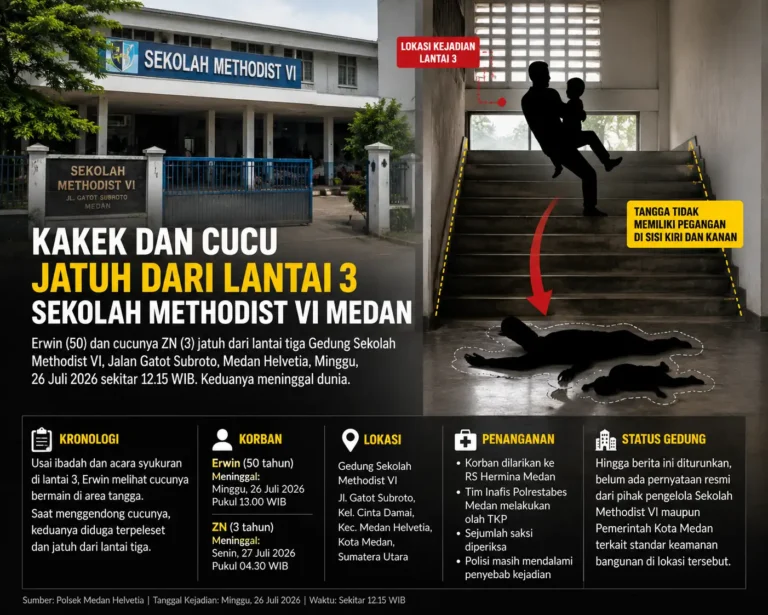 Ilustrasi gedung Sekolah Methodist VI Medan dan area tangga terkait insiden kakek dan cucu yang terjatuh dari lantai tiga di Medan Helvetia.