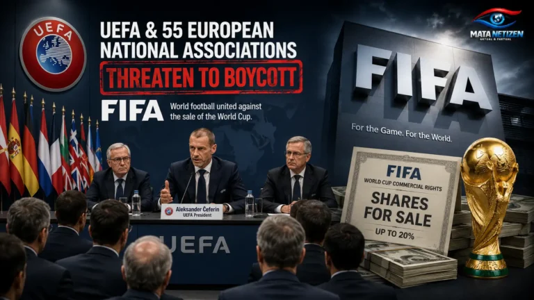 Ilustrasi konferensi pers UEFA terkait penolakan rencana FIFA menjual saham komersial Piala Dunia melalui FIFA Forward Enterprise (FFE).
