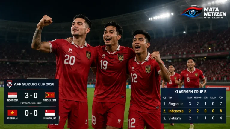 Ilustrasi pemain Timnas Indonesia merayakan kemenangan 3-0 atas Timor Leste yang membuka peluang lolos ke semifinal Piala AFF 2026 menjelang laga melawan Vietnam.
