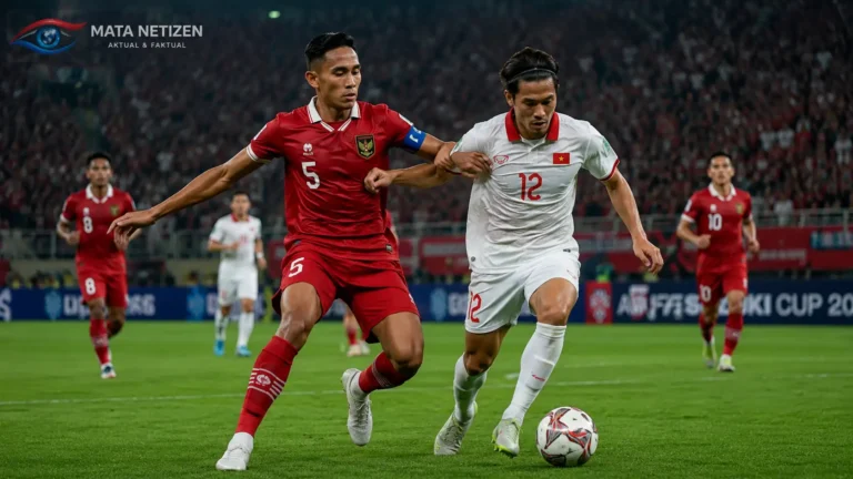 Ilustrasi duel pemain Timnas Indonesia dan Vietnam pada laga penentu Grup B Piala AFF 2026 di Stadion Pakansari, Cibinong, yang memperebutkan tiket semifinal.